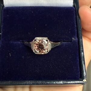 Art Deco Pink Champagne Imperial Zircon 18ct White Gold Ring S ~ 9 1/4